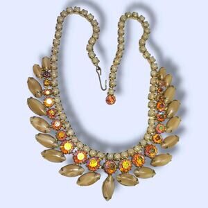 Vintage Weiss Signed Topaz‎ Aurora Borealis Rhinestone Statement Necklace 16"